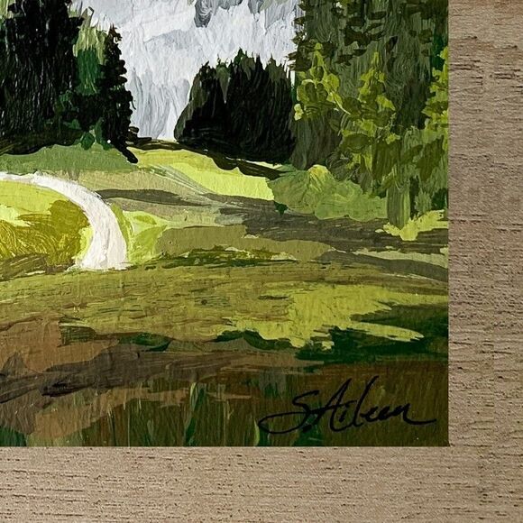 Original Painting Landscape Mountain Cabin Pine Trees Impressionist Signed 5x7 - Picture 4 of 4